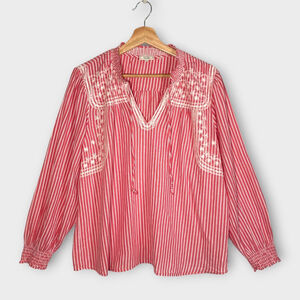 FAT FACE Nellie Embroidered Stripe Blouse 14 US Red 100% Cotton Boho